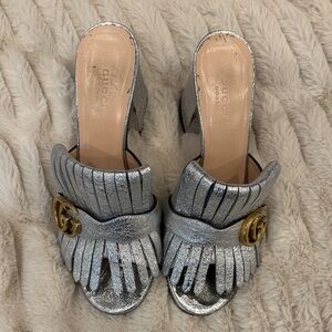 Gucci Silver Mules with Gold Accent